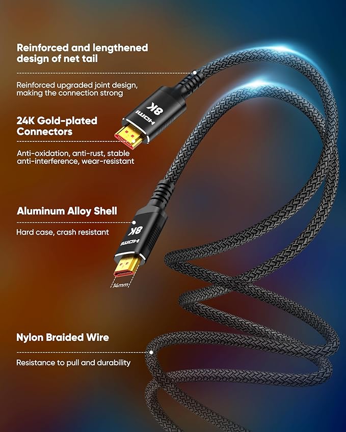 Snowkids 8K HDMI 2.1 Cable 20 ft, Non-Slip Nylon Braided, 48Gbps Ultra High-Speed HDMI Cables Cord, 10K 8K@60Hz, 4K@120Hz Compatible for TV/PS-5/X-box/Projector/Sound System & More