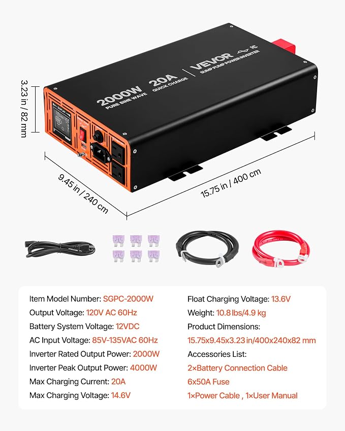 VEVOR 2000W Sump Pump Battery Backup System, LCD Display, Auto Switches to Battery Inverter Power for Sump Pump, Pure Sine Wave, for Basement Protection Emergency and Power Outage, Battery Not Include