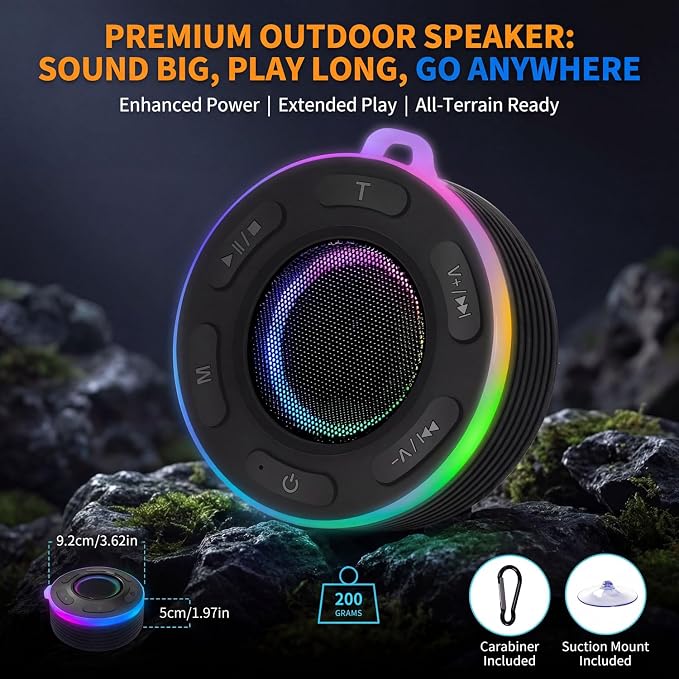 JK&EROSSTARS Portable Bluetooth Shower Speaker–Waterproof,Stereo,LED Light | Over 10H Playtime,Built-in Micro,Suction Cup&Hook,for Outdoor,Kitchen,Kayak,Beach,Camping,Gifts for Unisex