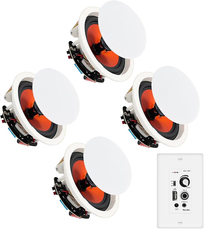 Herdio 4'' Bluetooth in Wall in Ceiling Speakers 480W 2-Way Flush Mount Speakers System with Wall Amplifier Receiver for Home Theater Office (2 Pairs, Paintable-Grille)