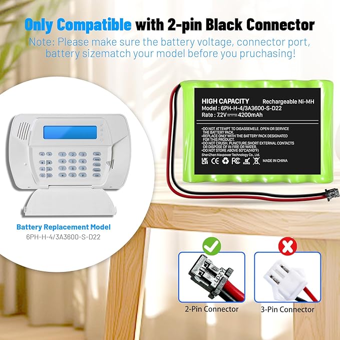 Upgraded Replacement Battery for ADT DSC IMPASSA 9057 SCW9055 SCW9057 BH7236-SS 17000145 17000152 Wireless Home Security System Alarm Control Panel DSC 6PH-H-4/3A3600-S-D22 Ni-MH (2 Pin Connector)