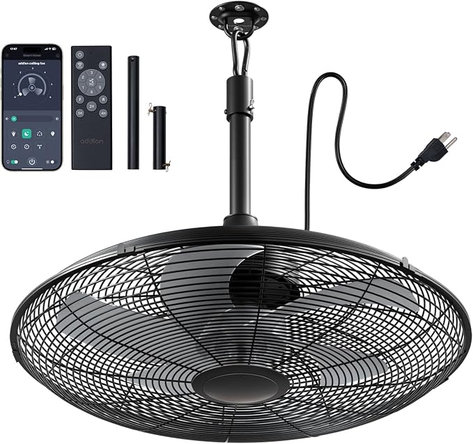 addlon Outdoor Fans for Patios, 20 inch IP65 Waterproof Gazebo Fan Remote&APP Control, 6 Speeds, Quiet, DC Motor, Plug in Ceiling Fan with Hook Hanging Caged Fan for Pergola Porch Canopy Backyard