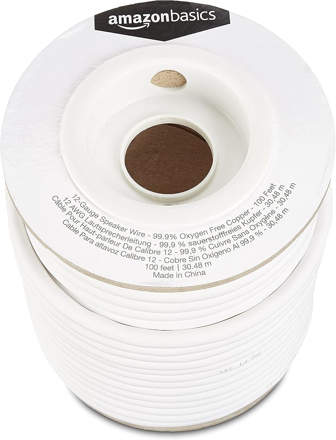 Amazon Basics 12-Gauge Speaker Wire Cable for Audio Applications, 99.9% Oxygen-Free Copper, Red and Black Color Coded, 100-Foot, White