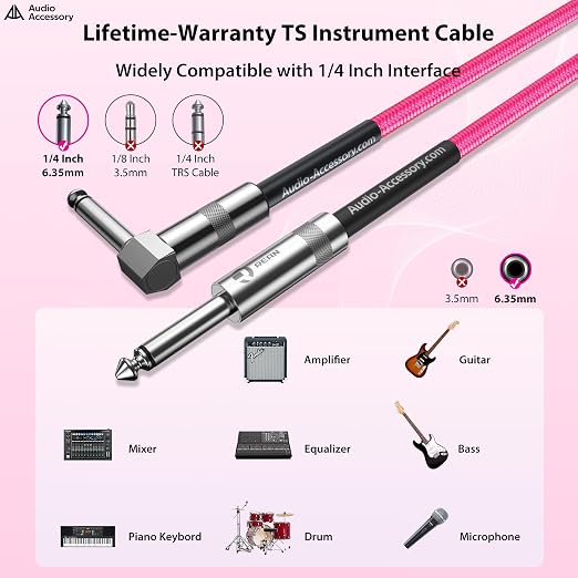 AA AUDIO ACCESSORY Right Angle Guitar Cable 25ft, Nylon Braided Kevlar-Reinforced, 20AWG 99.99% OFC 1/4 Instrument Cable, Dual Shielded Amp Cord for Fender Electric Guitar, Neon Pink
