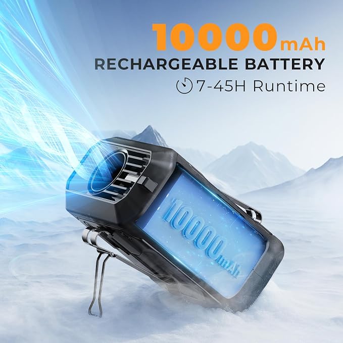 ASNUG Portable Waist Fan Rechargeable, 10000mAh Battery Powered & 45H Runtime, 10-Speed Personal Fan w/Lanyard, Flash Light, LED Display, Clip on Wearable Belt for Jogging Hiking Jobsite Warehouse
