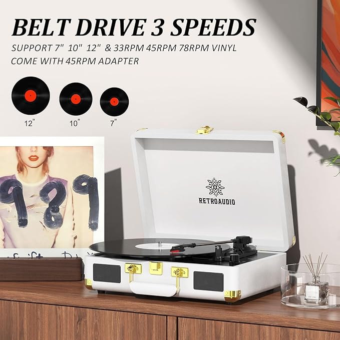 Vinyl Record Player 3-Speed Bluetooth Portable Suitcase Belt-Driven Record Player with 2 Built-in Stereo Speakers Vinyl Vintage Turntable Phonograph Records Player with RCA Line Out, AUX Out (White)