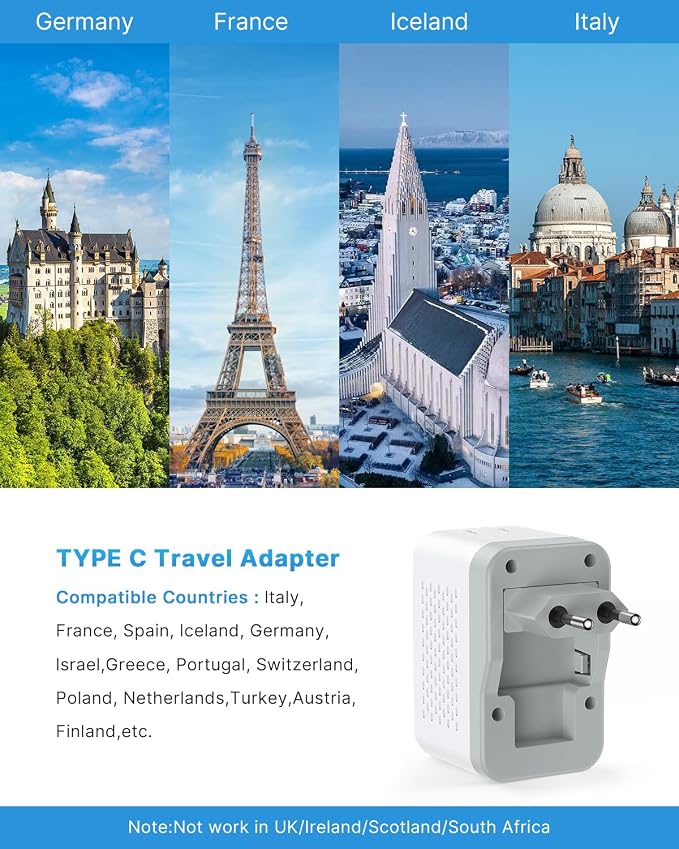 220V to 110V Travel Voltage Converter US to Europe, VINTAR 2000W Foldable European Travel Plug Adapter with 4 USB (2 USB C), Converter for European Travel for Hair Dryer Straightener Curling Iron