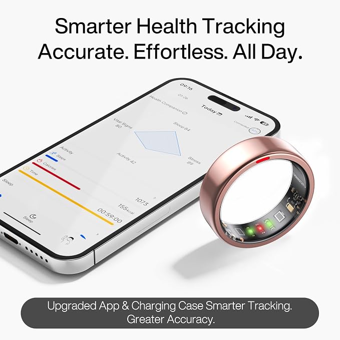 Smart Ring Pro, No App Subscription, Sleep & Activity Tracker with Heart Rate Monitoring, 7 Days Battery Life, IP68 Waterproof Fitness Ring, Compatible with iOS & Android(Matte RoseGold,11)