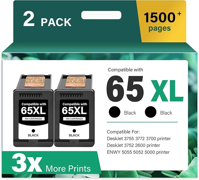 65XL 65 XL 3755 5055 Black Ink Cartridges for HP Printers Replacement for HP65XL for Envy 5055 5052 5000 5070 5014 DeskJet 3755 3772 3700 3752 2600 2622 Printer (2 Pack Black)