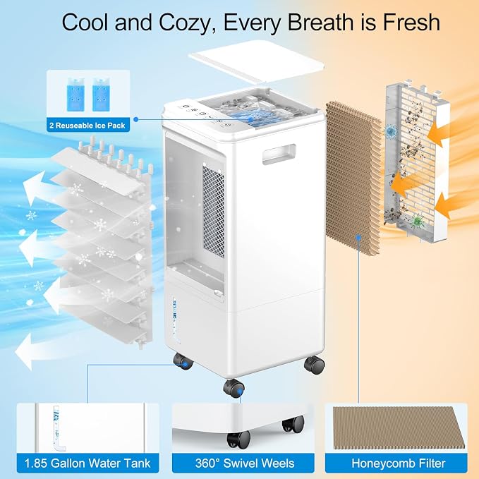 Portable Air Conditioner, Windowless Ac Fan for Room Bedroom Indoor 1.85 Gal Water Tank, 3 Speeds, 80°Oscillation,