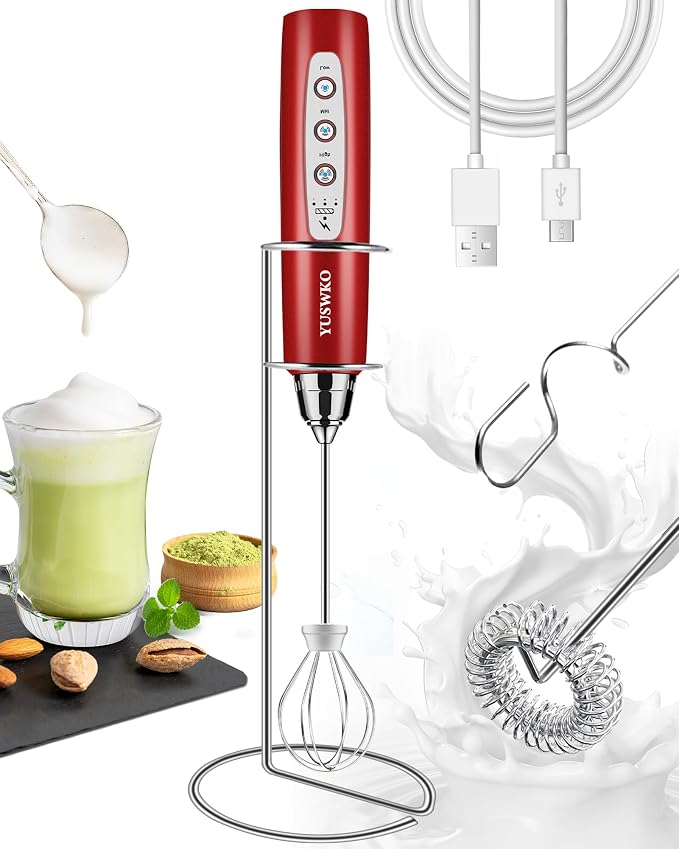 YUSWKO Red Handheld Milk Frother Wand for Coffee, Rechargeable Electric Whisk with 3 Heads 3 Speeds Drink Mixer Coffee Frother For Latte, Cappuccino, Hot Chocolate, Egg
