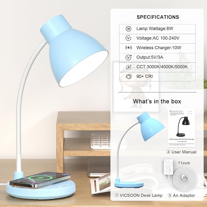 Desk Lamps for Home Office - LED Desk Lamp with Wireless Charger, 3 Color Modes Dimmable Eye-Caring Study Reading Desk Light, Small Flexible Arm Table Lamp for College Dorm Room Bedside, Blue