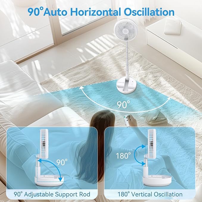 Portable Oscillating Rechargeable Fan, Battery Operated with 4 Speed Settings & Remote Control, Desk Travel Fan for Sleeping, Camping, Cruise, RV - White 8" USB C
