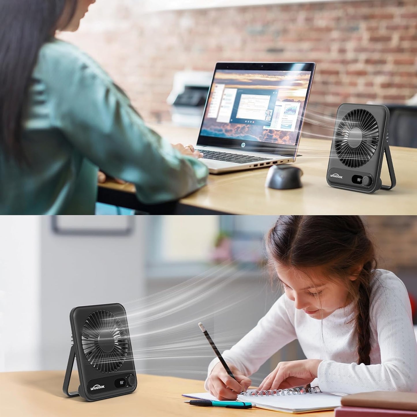 WHATOOK Small Desk Fan Personal Fans: 5000mah 25 Hours Battery Office Quiet Mini Desktop Fan Portable Rechargeable Travel Essentials (Black, 5000)