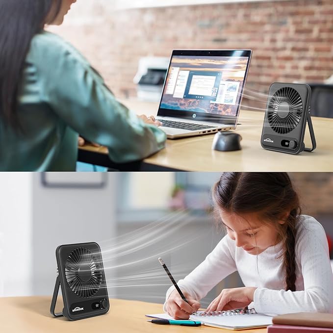 WHATOOK Desk Fan 2 Pack: 100 Speeds Stepless Control 2000mAh Battery Operated Portable Fan, Rechargeable Table Fan for Cruise Ship Essentials, Gift for Couples, Dorm, Office, Bedroom(Black and Black)