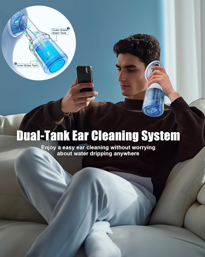 Electric Ear Wax Removal with One-Piece Waste Tank, Water Powered Ear Cleaner with 4 Pressure Modes for 201ml Earwax Remove at Home, USB-C Cable, IPX7 Waterproof(201ml)