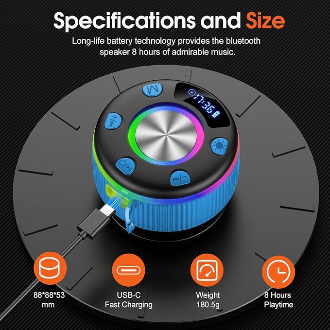 Bluetooth Shower Speaker, Portable Bluetooth 5.3 Speakers Wireless with Time Display, IP7 Waterproof Speakers with RGB Light, Suction Cup, Mini Stereo Speaker for Bathroom Party Beach Outdoor, Blue