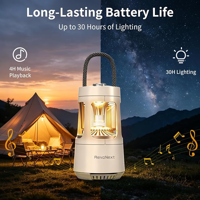 Revonext Camping Lantern Bluetooth Speaker, Rechargeable Waterproof Outdoor Lantern with 10W Stereo Sound, Adjustable Dual-Tone Light, TWS Pairing, Gift for Dad, Men, Outdoor Lovers(White)