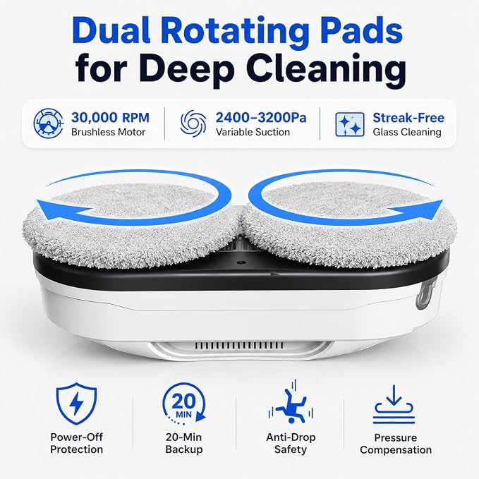 Robotic Window Cleaner with 3-Layer Safety, Smart Z/N Path Navigation, 2800Pa Strong Suction & UPS Anti-Drop, Perfect for High-Rise Windows, Glass Doors, Shower Glass, Gift for Parents