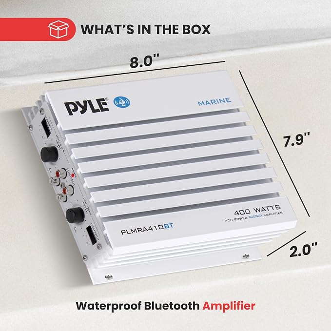 Pyle 2.1 Bluetooth Marine Amplifier Receiver - Waterproof 4 Channel Wireless Bridgeable Audio Amp for Stereo Speaker with 400W Power Dual MOSFET Supply, GAIN Level & LED Indicator, Black - PLMRA410BT