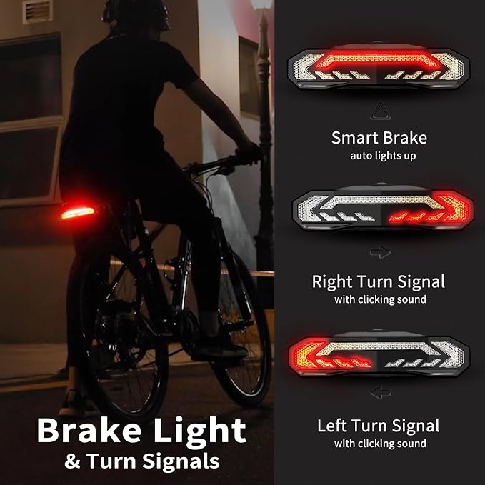WSDCAM Smart Bike Seat/Bike Basket Tail Light with Turn Signals and Brake Light, Bike Alarm Horn with Remote, Rechargeable Rear Bike Light for Night Riding, Waterproof Bicycle Tail Light with Mount