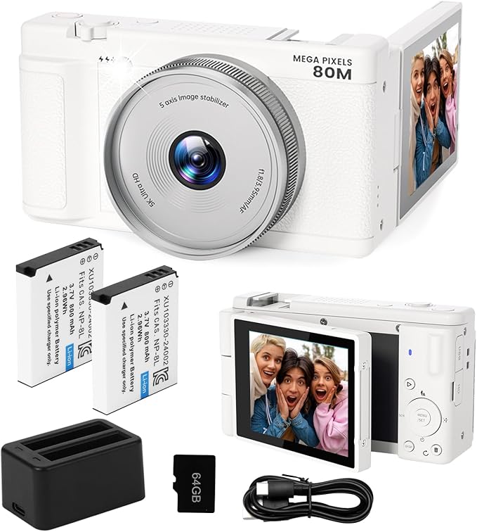 5K UHD Digital Camera for Photography, Autofocus 80MP Vlogging Camera for YouTube, 3" 270° Flip Screen Dual Lens Selfie Camera with18x Digital Zoom, 64GB SD Card, 2 Batteries & Charger,White
