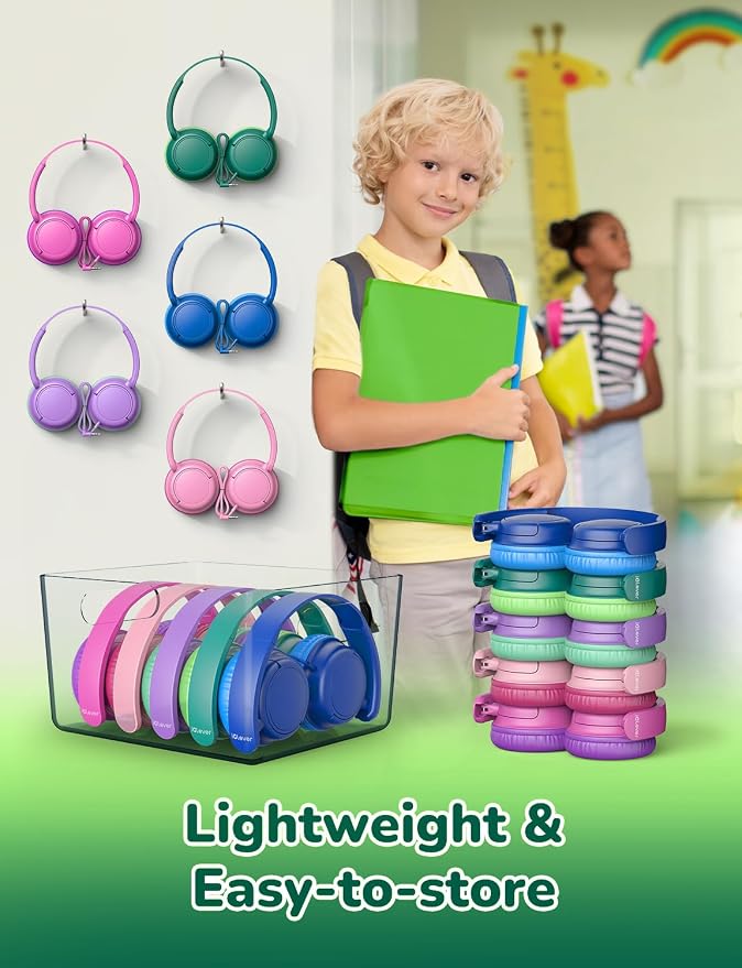 iClever Kids Wired Headphones for School Students K-12 & Teachers, Durable PP Material, Tangle Free, Kids Headphones with Cord Multiple Folding Options Suitable for School/Home/Travel, Bulk 5Pack