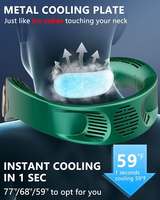 Portable Neck Fan Rechargeable,Neck Air Conditioning Wearable Cooling Device,Wear AC Air Conditioner Flexible Adjustable Angle,5 Speeds No Blade Headphone Design Breezy Hands Free Head Cooler Green