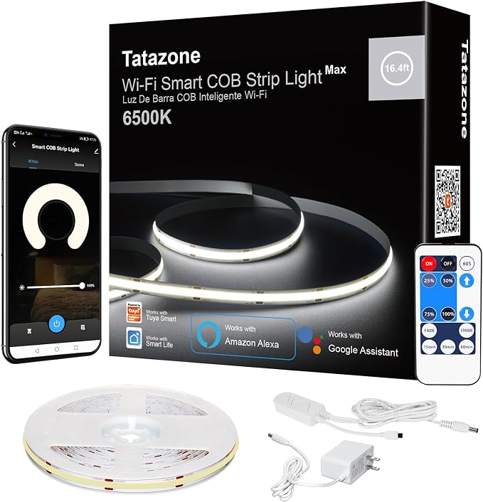 Tatazone 16.4ft 6500K WiFi COB Led Strip Light with App and Remote, Compatible with Alexa and Google, Dimmable Cool White Indoor COB Led Lights for Stair, Kitchen, Cabinet