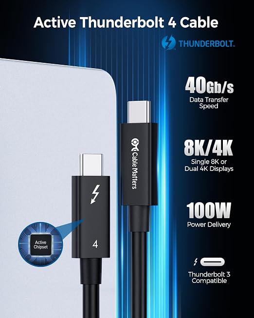 Cable Matters [Intel Certified] 40Gbps Active Thunderbolt 4 Cable 6.6 ft with 100W Charging and 8K Video, Black - Fully Compatible with USB C/USB-C, USB4, and Thunderbolt 3