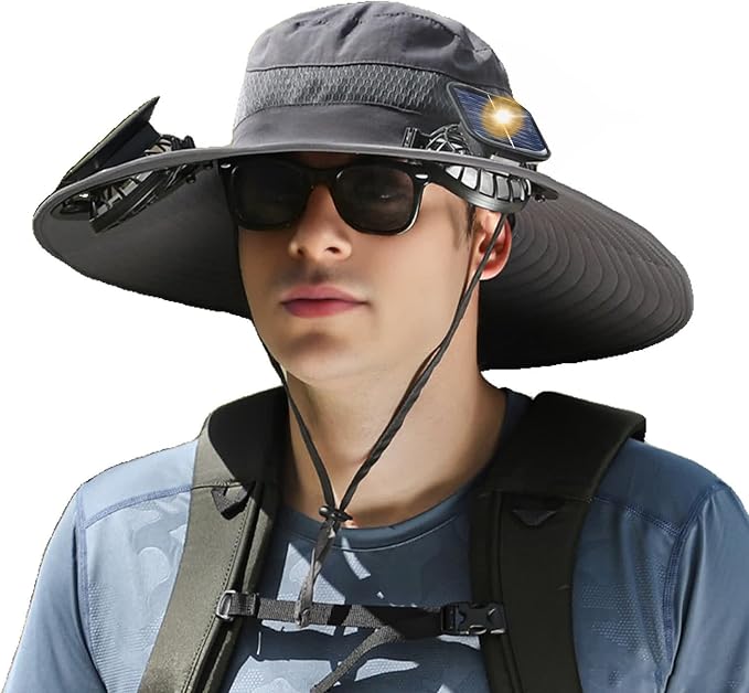 Wide Brim Sun Hat with Solar Fan, Solar Powered Fan Hat with Mosquito Head Net, Men & Women Cooling Cap for Outdoor
