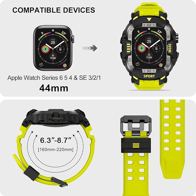DABAOZA Rugged Case with Band Compatible with Apple Watch 44mm, for iWatch Series 6/5/4 & SE 3/2/1,Military Grade Shockproof Bumper and Men's Tactical Heavy Duty Strap (Fluorescent Green,44MM)