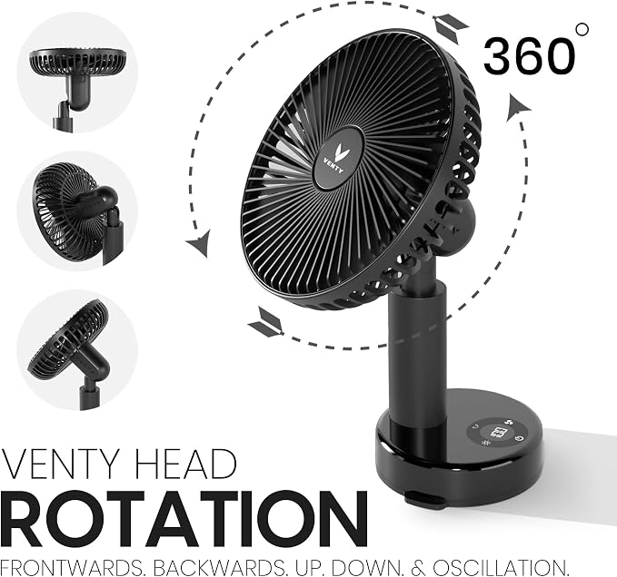 VENTY Portable Clip Fan - Rechargeable 10-Hour Battery Portable Fan - 360° Rotation & 90° Tilt - Stroller, Desk or Bedside - Aromatherapy & LED Light - USB-C cable & Carrying Pouch
