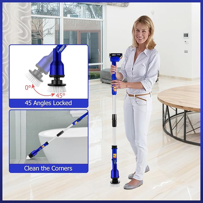 2 Batteries Electric Cleaning Brush for Bathroom, 1200RPM Power Cordless Spin Scrubber with 6 Replaceable Brush Heads and Telescopic Handle, 2 Speeds for Shower Bathtub Kitchen Window Car