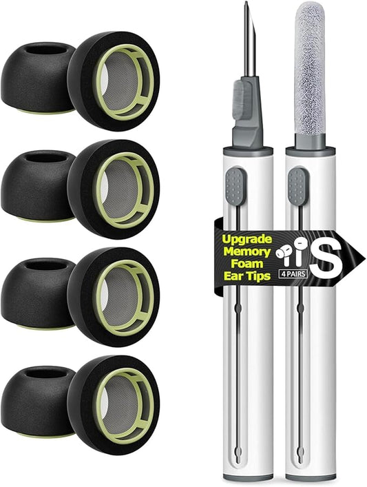 4 Pairs Small Memory Foam Ear Tips for AirPods Pro 1st & 2nd Gen, No Silicone Eartips Pain, Better Noise Cancellation, Replacement Buds with 3 in 1 Cleaner Kit and Fit in Charging Case,Black