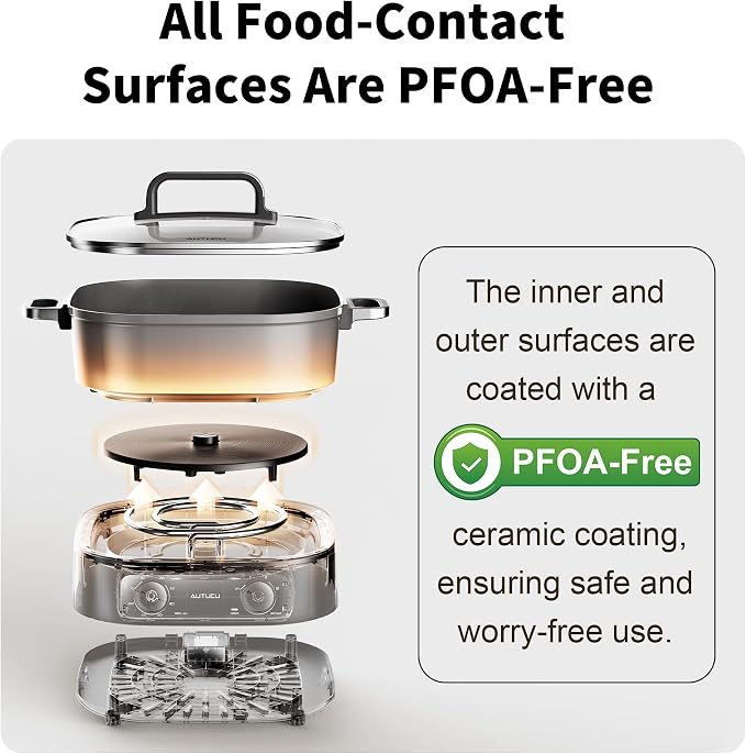6-Quart Electric Skillet, Hot Pot | Non-Stick PFOA-Free Ceramic-Coated Pot, 1600W, Timer & 3 Power Settings for Steak, Egg, Ramen, Nonstick Pot