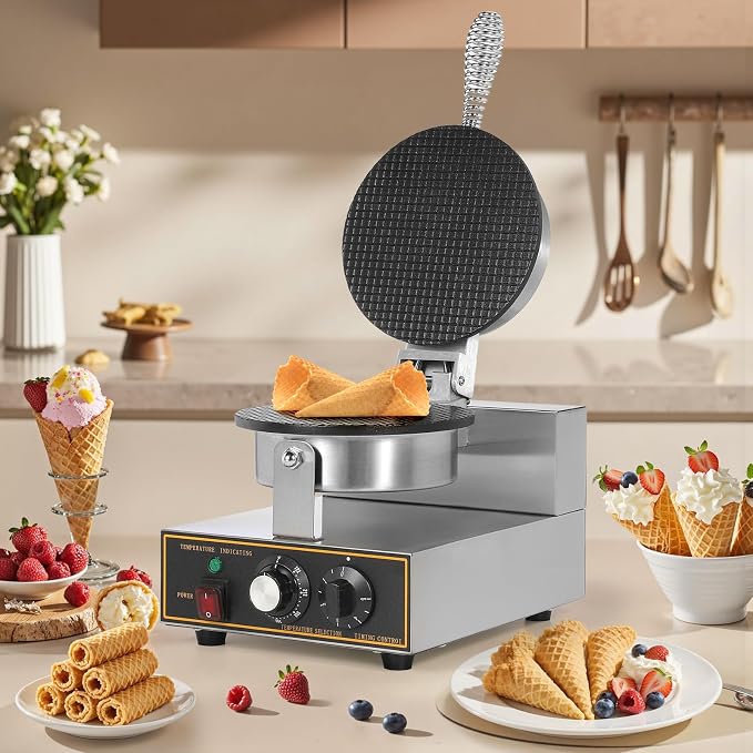Dyna-Living Commercial Ice Cream Cone Machine Waffle Cone Maker 110V Electric Stainless Steel Egg Roll Mold Nonstick Waffle Cone and Bowl Maker for Home Restaurant Use 1200W