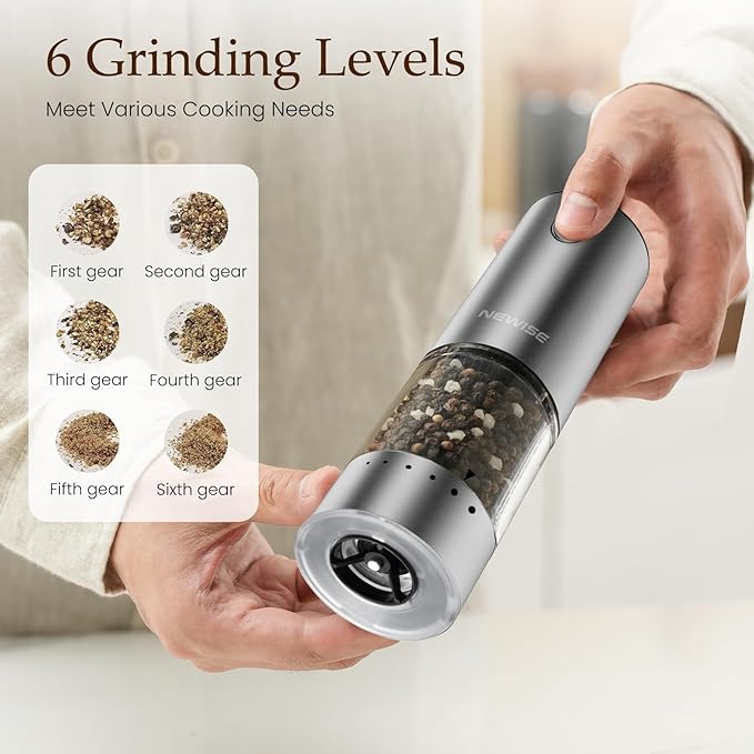 Electric Salt and Pepper Grinder Set - Acacia Wood Base, Rechargeable & Automatic Pepper Mill with LED Lights, Adjustable Coarseness, 95ml Large Capacity for Kitchen