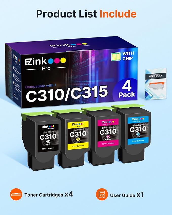 C310 Toner Cartridge Compatible Replacement for Xerox C310 C315 Toner Cartridge for Xerox C310 C310DNI C310DNIM C315 C315DNI Printer，006R04356 006R04357 006R04358 006R04359，4 Packs