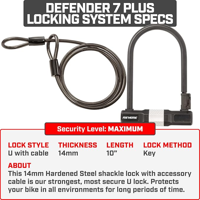 Revere USA Bicycle Keyed U-Lock with Extra Long Cable. Heavy Duty Hardened Steel. Protect Your Bike, e-Bike, Scooter or Motorcycle. Includes 2 Keys and Frame Mount. Anti-Mar Finish Ultimate Security.