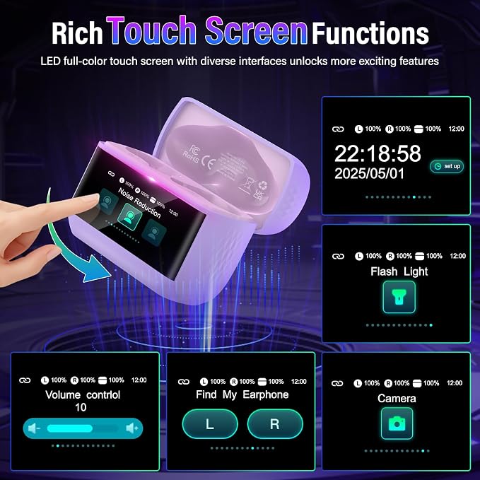 Wireless Earbuds with Touch Screen, Bluetooth 5.4 Headphones, ANC/ENC Noise Cancelling, 48H HiFi Stereo Bluetooth Ear Buds with 5 EQ Modes, Transparency Mode, IPX7 Earphones, Purple