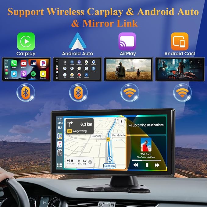 Inefala 4K RV Backup Camera System Wireless CarPlay Android Auto, 10.36" Quad Split Touch Screen Monitor with 4 AHD Rear View Camera, IP68, Night Vision, DVR Loop Recording