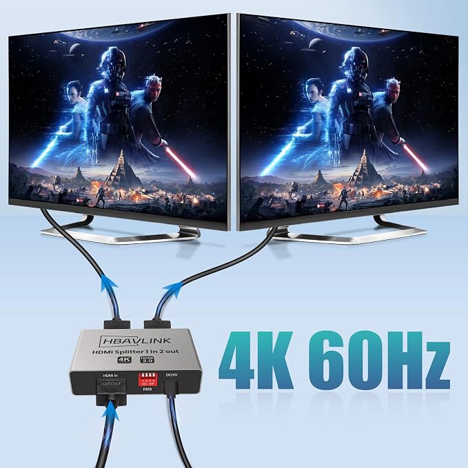 HDMI Splitter 1 in 2 Out 4K 60Hz - EDID Clone, HDCP2.2, HDR, Dolby Atmos, Dolby Vision - Compatible with Firestick 4k Max, PS3/PS5 & Elgato HD60s/x/Pro, Apple TV 4K, Retrotink, Roku Stick