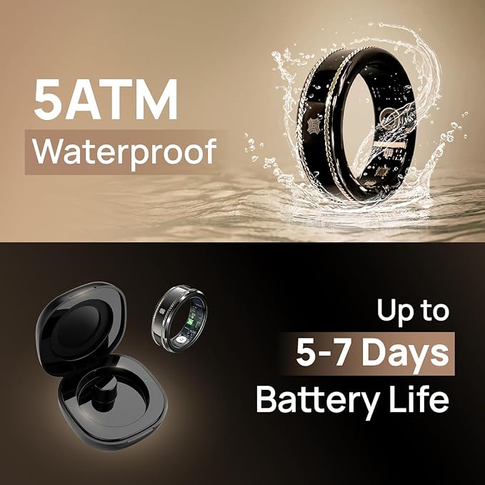 Pachira Smart Ring, Dual 14K Gold Inlays, Fitness/Sleep/Stress/Heart Rate/SpO2 Tracker, No App Subscription, 7-Day Battery Life, Size Before You Buy, Black (US Size 11.25)