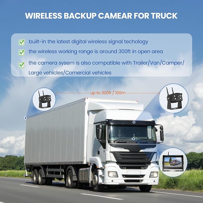 Wireless Backup Camera for Trucks – Front & Rear View, Loop Recording, Split Screen, Blind Spot Monitoring, IP69K Waterproof, Easy DIY Install