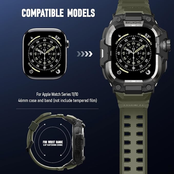 BXUXOHS Rugged Case and Band for Apple Watch 46mm Men, Compatible with Apple Watch Series 11/10, Military Grade Shockproof Bumper Cover, Tactical Band Case for iWatch 11/10 Man, Army Green