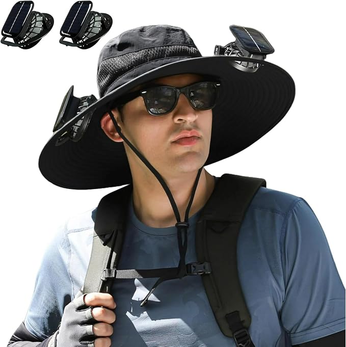 Solar Powered Fan Hat for Men Women Wide Brim Hat with 2 Fans UPF 50+ Outdoor Fishing Beach Sun Hat