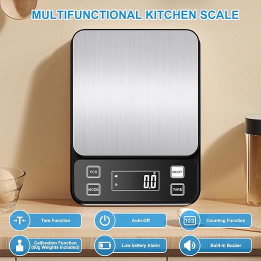 22lb Waterproof IPX67 Kitchen Scale with 0.1g/0.001oz High Precision, Diyife Large Stainless Steel Food Scale, 10 Unit, Washable, Hangable, USB Rechargeable, LCD Display, for Cooking, Baking