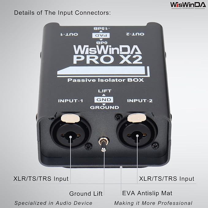 2Channels XLR/TS/TRS Passive Hum Eliminator Box for Audio Equipments Ground Loop Isolator Noise Filter for Different Audio Systems Using (WDISO-Pro X2)