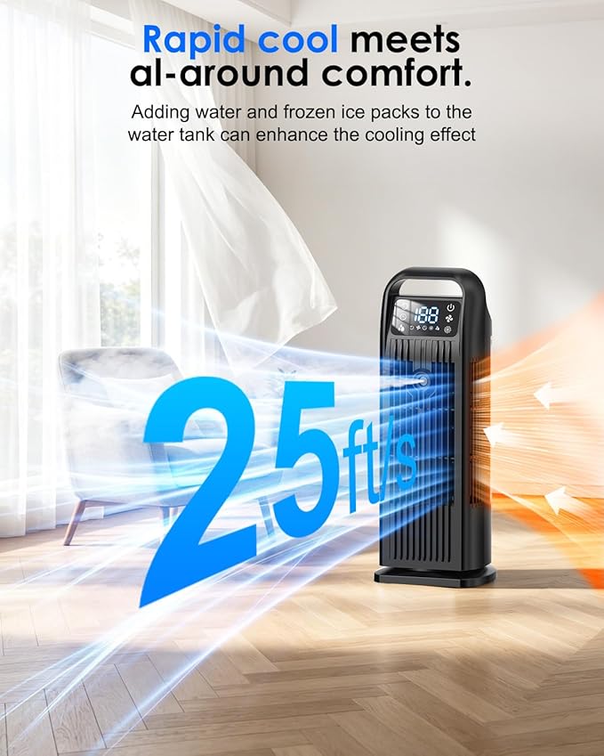 Portable Air Conditioner, 4 in 1 Evaporative Air Cooler with Remote Control, 1200ML Water Tank, 120 Oscillating, 4 Speeds, 12H Timer, Mist Spray Tower Fan for Home Office, Black
